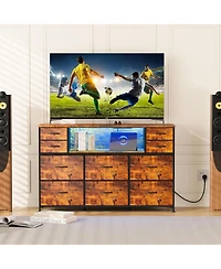 gaomon 10 Fabric Drawers Dresser, Entertainment Center Tv Stand with Power Outlet & Led Light for 45"-55" Tv, Chest of Wood