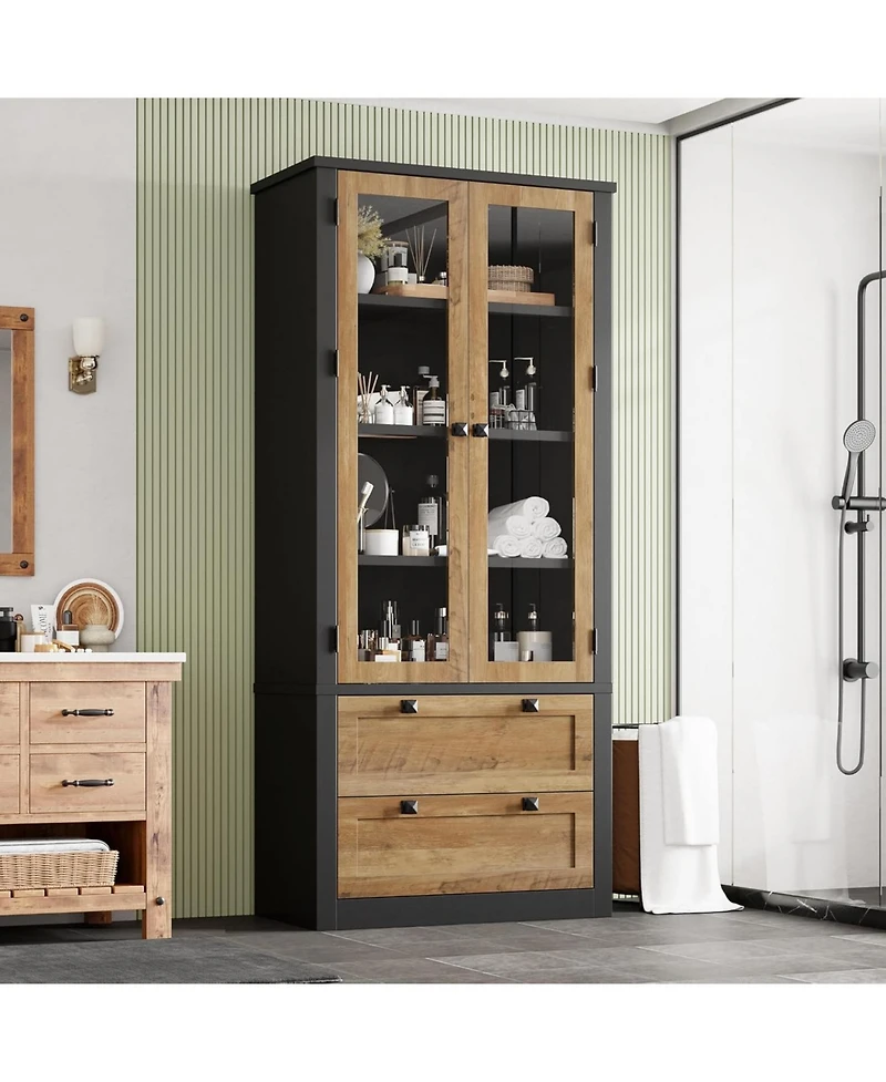 gaomon Tall Kitchen Pantry Cabinet - Modern Display Storage with 2 Large Drawers, Glass Doors, and Adjustable Shelves