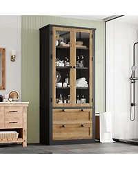 gaomon Tall Kitchen Pantry Cabinet - Modern Display Storage with 2 Large Drawers, Glass Doors, and Adjustable Shelves