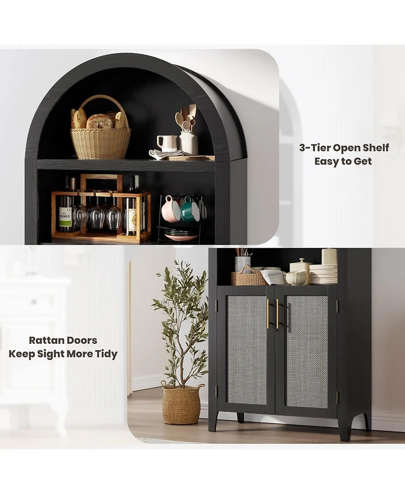 gaomon Arched Pantry Storage Cabinet with Rattan Decor, 5-Tier Display, Farmhouse Storage for Kitchen