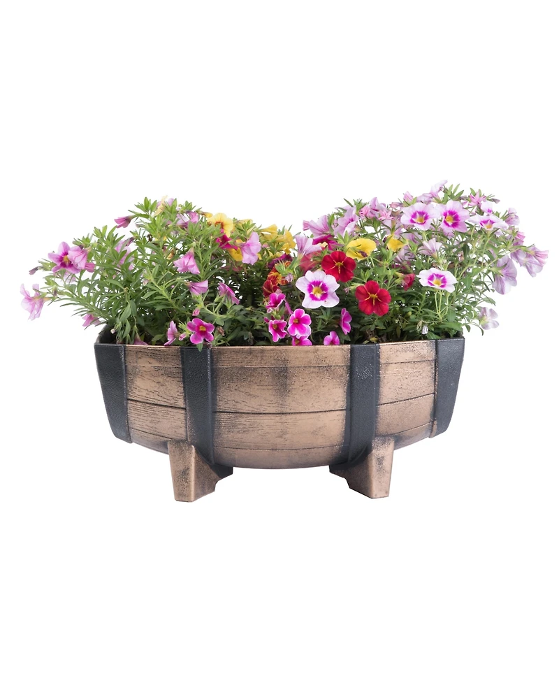 Gardenised Rustic Wood- Look Plastic Half Barrel Flower Pot Garden Planter, Pack of 2