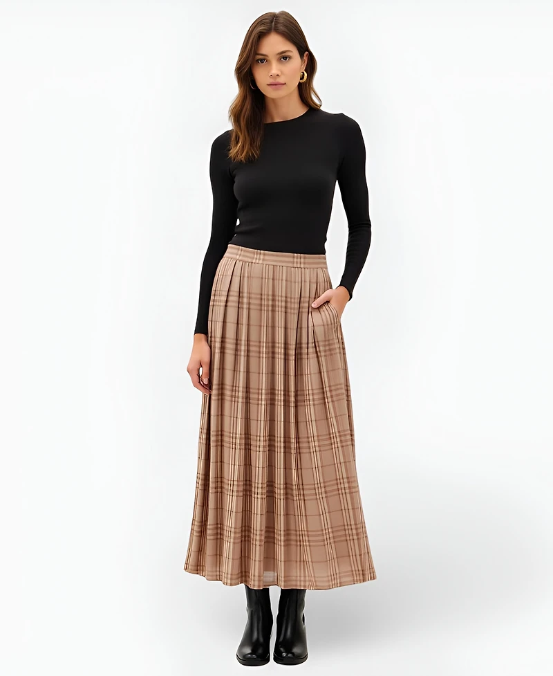 Modenaire Women's Plaid Pleated Maxi Skirt