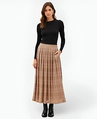 Modenaire Women's Plaid Pleated Maxi Skirt