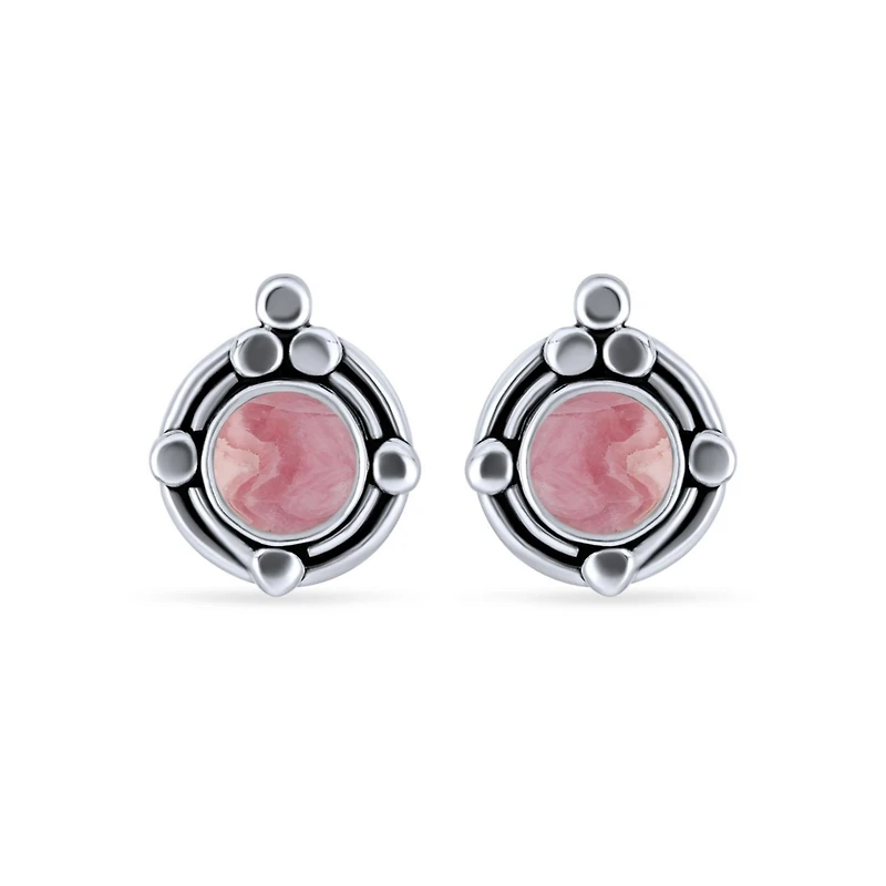 Bling Jewelry Ornate Bezel Set Gemstone Pink Rhodochrosite Round Stud Earrings .925 Sterling Silver