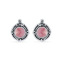 Bling Jewelry Ornate Bezel Set Gemstone Pink Rhodochrosite Round Stud Earrings .925 Sterling Silver