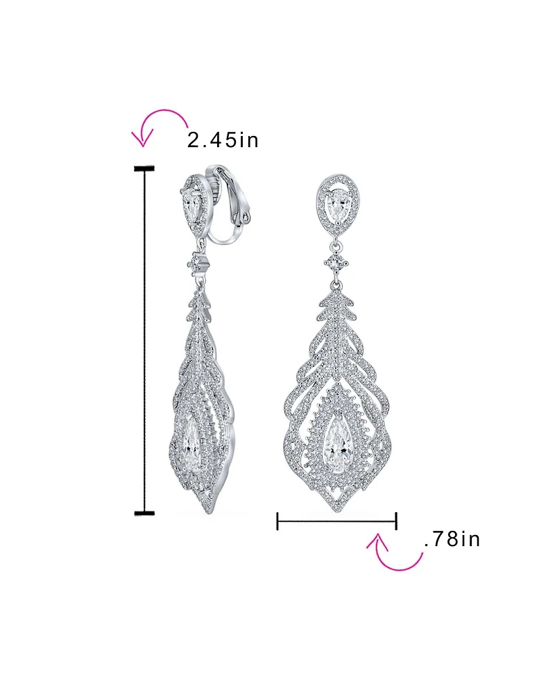 Bling Jewelry Art Deco Style Cubic Zirconia Leaf Teardrop Statement Cz Chandelier Clip On Earrings