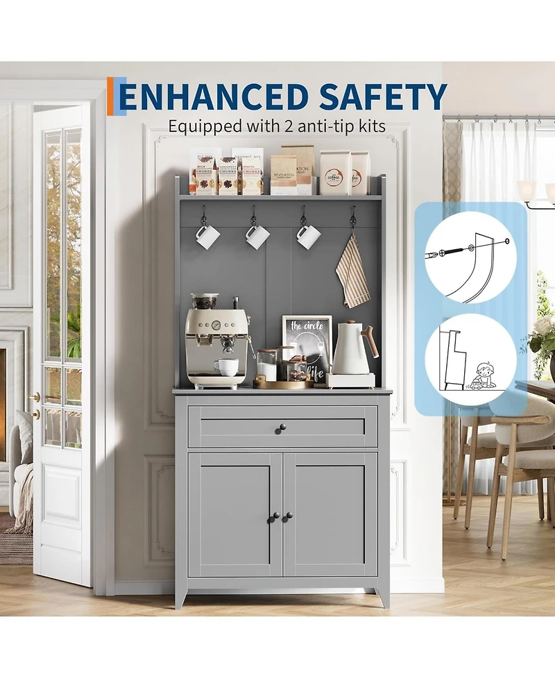 gaomon 63" Pantry Cabinet with 4 Hooks, Kitchen Storage Charging Station, Coffee Bar Table for Living Room, Dining 1 Large Dra