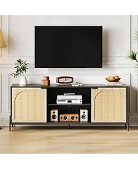 gaomon Rattan Tv Stand for 75" Tv, 65" Console Table with Metal Legs, Media Cabinet with Storage, 2 Doors