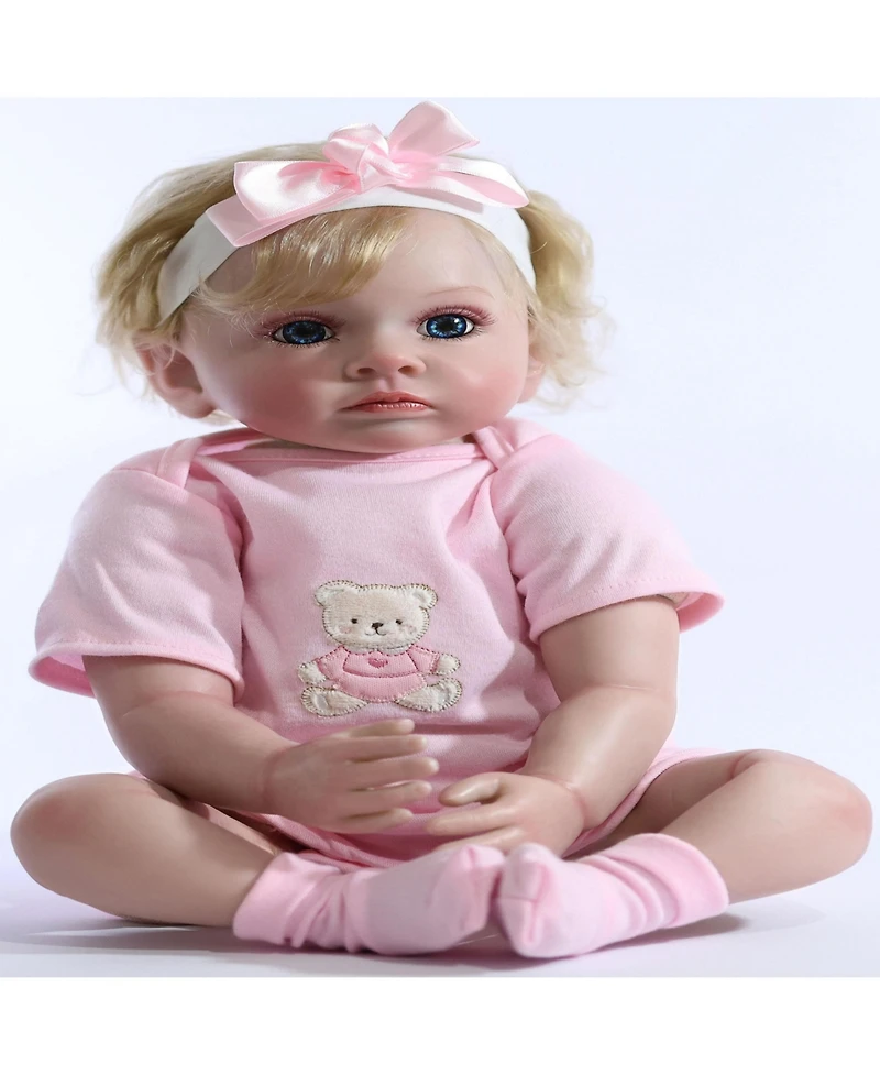 The New York Doll Collection 22 inch reborn baby doll with blond curly hair outfit/hairband