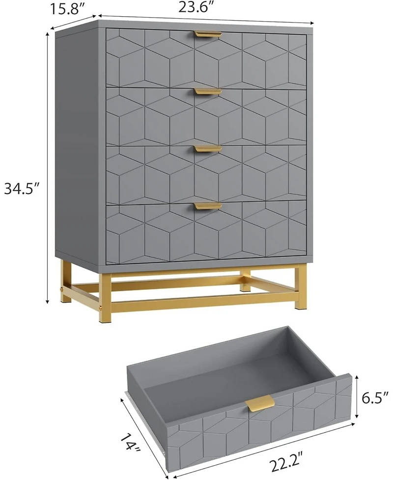 gaomon Modern 4 Drawer Dresser, Wide Chest with Gold Metal Legs & Handles, Wood Storage Organizer for Bedroom