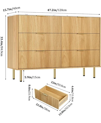 gaomon 47" Wide 6-Drawer Fluted Dresser, Modern Wooden Double Chest