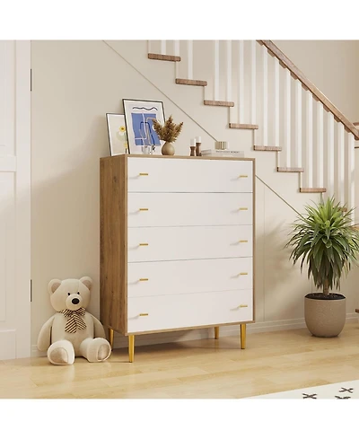 gaomon 44" Farmhouse Wood 5 Drawer Dresser with Bar Handles