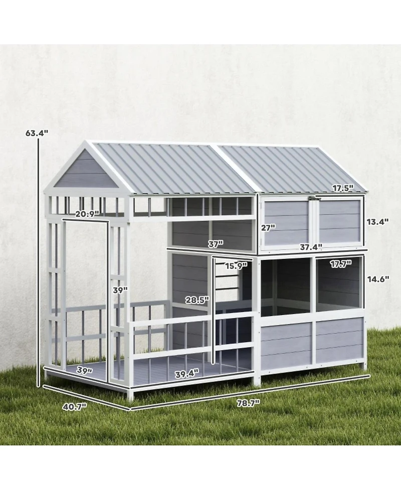 6thdruple Large Outdoor Gray Wooden Dog House with Covered Porch, Waterproof Roof, Elevated Pet Kennel Shelter for Large Dogs