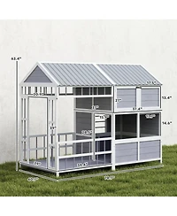 6thdruple Large Outdoor Gray Wooden Dog House with Covered Porch, Waterproof Roof, Elevated Pet Kennel Shelter for Large Dogs
