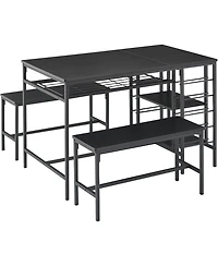 gaomon Dining Table Set for 4, Compact 3-Piece Kitchen Table with 2 Benches, Wine Rack, Storage Shelf