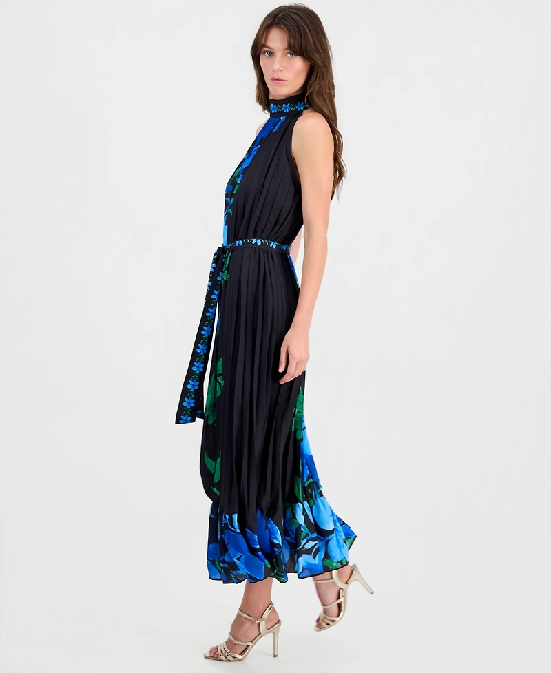 T Tahari Women's Printed High-Neck Pleated Maxi Dress