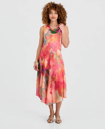 Robbie Bee Petite Printed Cowlneck High-Low Midi Dress
