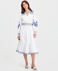 T Tahari Women's Cotton Embroidered-Trim Tiered Dress