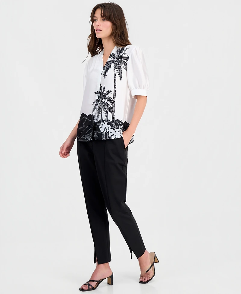 T Tahari Women's Short-Sleeve Split-Neck Blouse