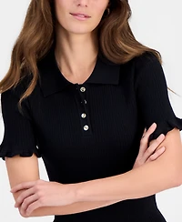 T Tahari Women's Half-Placket Ribbed Ruffle-Trim Top
