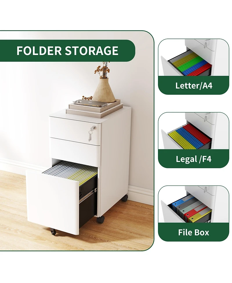 Rainsken 3-Drawer Metal File Cabinet with Lock on Wheels, Rolling Filing Cabinets for Home Office Organizer, Fit Legal/Letter/A4 Size