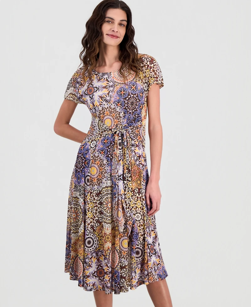 Robbie Bee Women's Printed Tie-Waist Midi Dress