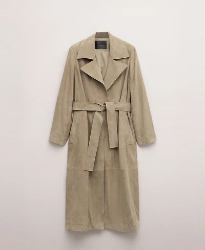 Mango Women's Leather Suede Belted Trench Coat
