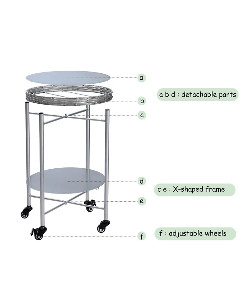 Rainsken Coffee Table with Wheels, 2-Tier Movable Side Tables, Round Detachable Nightstand for Living Room, Bedroom and Outdoor Terrace