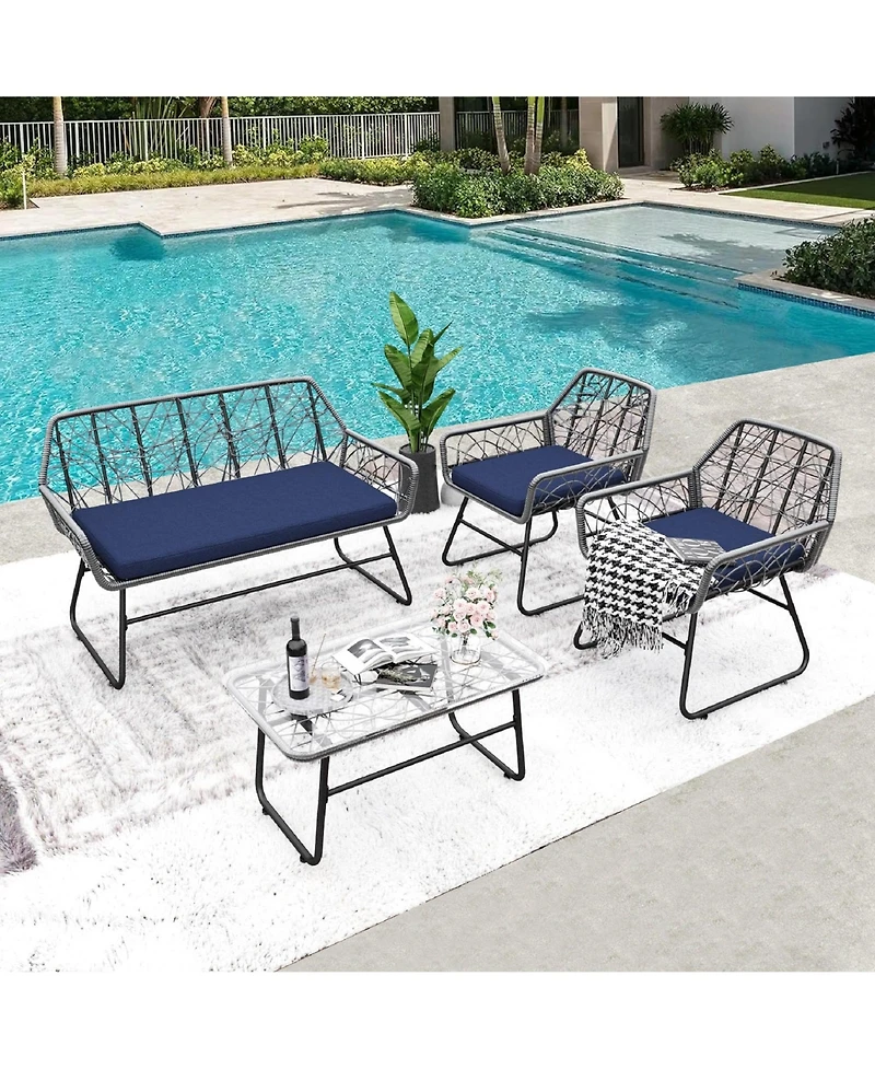 Mondawe Wicker Patio Set with Cushions and Glass Table