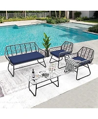 Mondawe Wicker Patio Set with Cushions and Glass Table