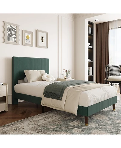 gaomon Twin Bed Frame with Fabric Upholstered Headboard, Metal Slats Support & Under-Bed Storage, Modern Bedroom