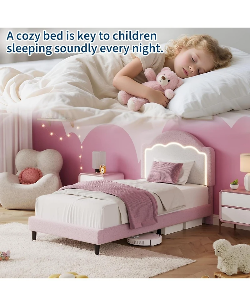 gaomon Twin Kids Upholstered Bed with Led Headboard, Plush Sherpa Fabric, Wooden Slats Support