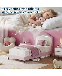 gaomon Twin Kids Upholstered Bed with Led Headboard, Plush Sherpa Fabric, Wooden Slats Support