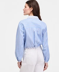 On 34th Women's Stripe Tie-Hem Long Sleeve Cropped Shirt, Macy's Exclusive
