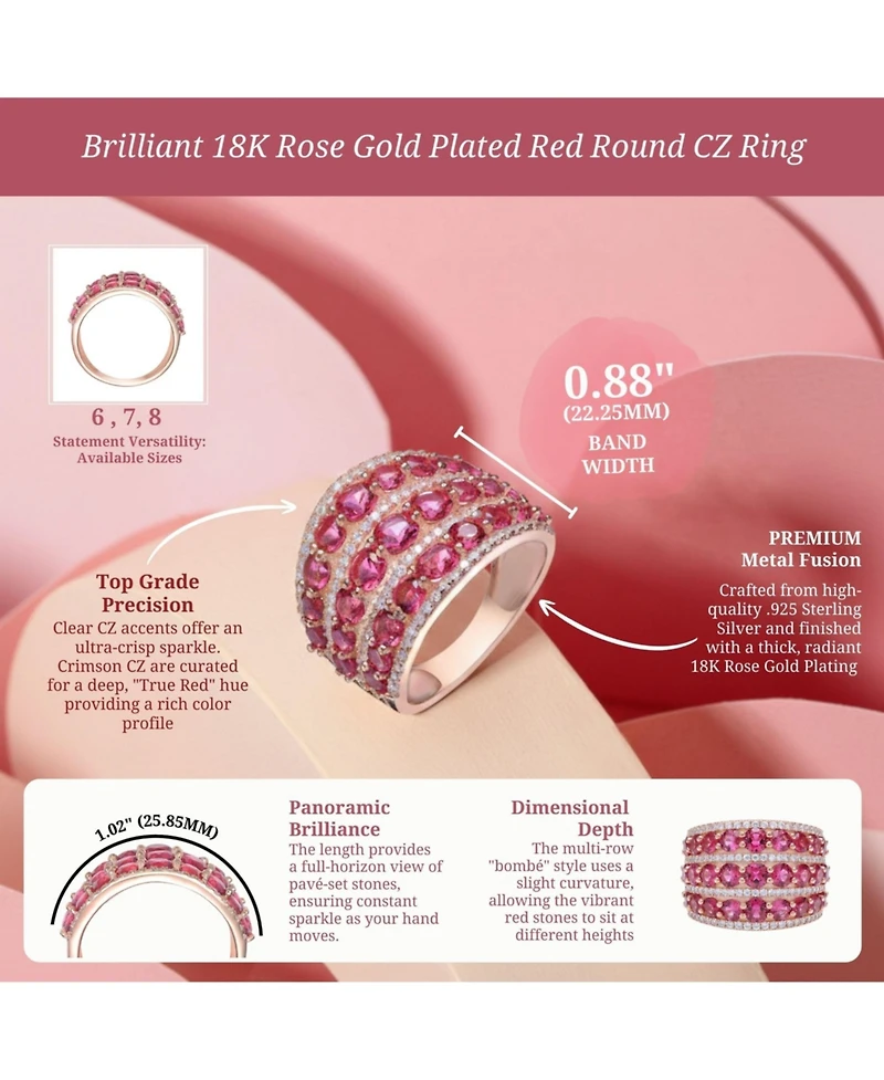 Red Round Shaped Cubic Zirconia Stone 18K Rose Gold Plated Sterling Silver Ring