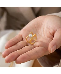 14k Gold Plated with White Genuine Freshwater Pearl Double Band Geometric Square Stacked Ring.