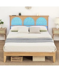 Gaomon Deluxe Wooden Bed Frame With Natural Rattan Headboard Modern Rustic Style Strong Wood Slat Support
