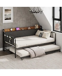 gaomon Twin Daybed with Trundle and Led Lights, Upholstered Headboard with Charging Station, Sofa Bed for Living Room or Bedroom