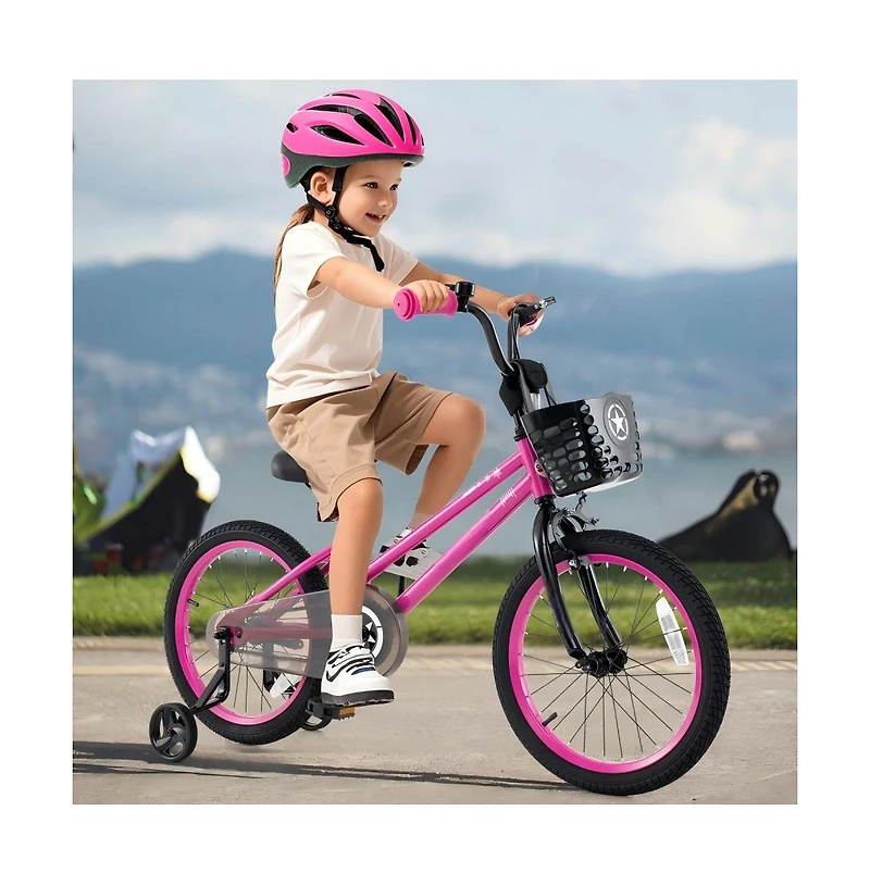 18 Inch Kids Training Bike with Adjustable Height Dual Brakes Basket and Training Wheels