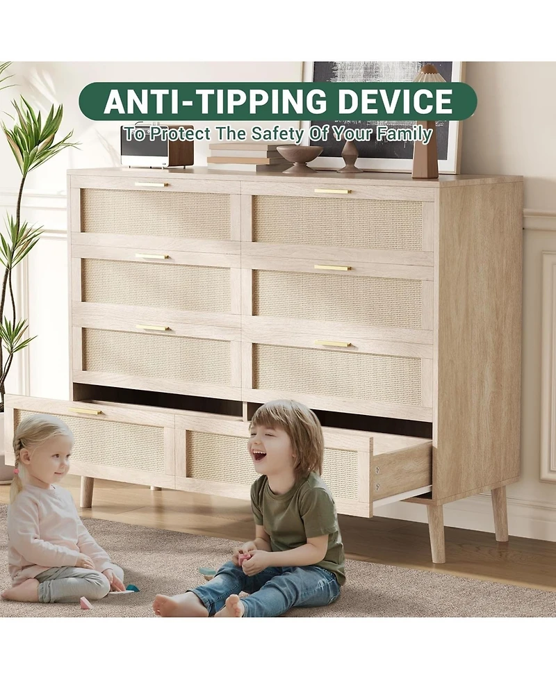 gaomon 8 Drawer Dresser, Rattan Dresser for Bedroom with 5 Strong Legs, Farmhouse Wood Chest of Drawer with Golden Handles for Living Room