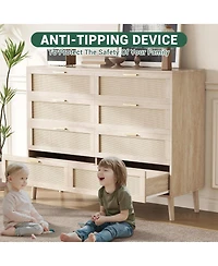 gaomon 8 Drawer Dresser, Rattan Dresser for Bedroom with 5 Strong Legs, Farmhouse Wood Chest of Drawer with Golden Handles for Living Room