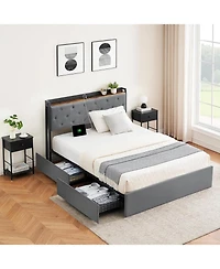 gaomon Size Velvet Upholstered Platform Bed Frame with 4 Storage Drawers & Usb/Ac Charging Station & No Box Spring Needed