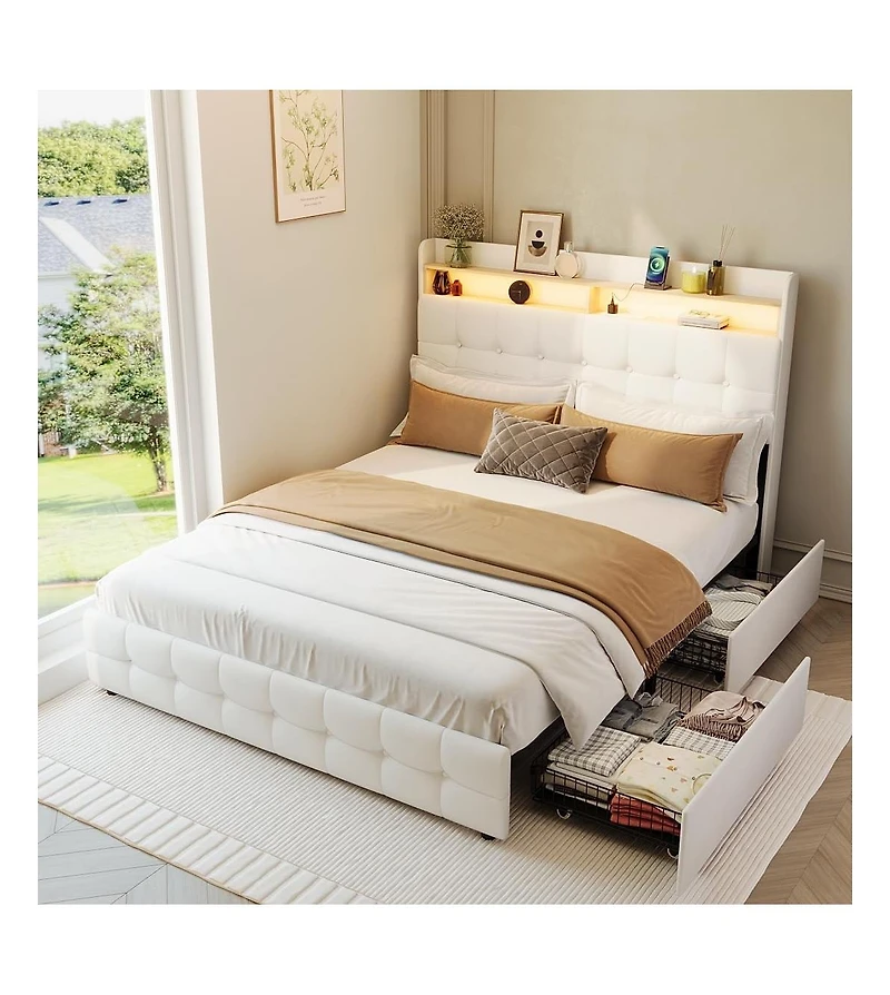 gaomon Bed Frame with 2 Storage Drawers, Upholstered Full Led Light, Double-Layer Bedside Headboard Charging Socket