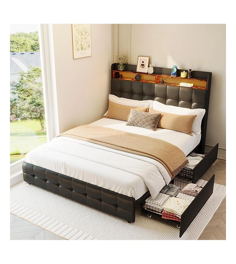 gaomon Bed Frame with 2 Storage Drawers, Upholstered Full Led Light, Double-Layer Bedside Headboard Charging Socket