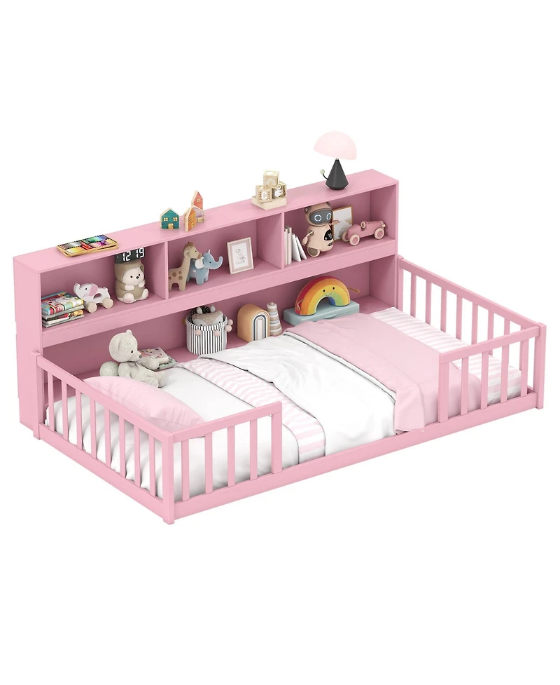 Slickblue Twin Montessori Floor Bed with Bookcase Storage