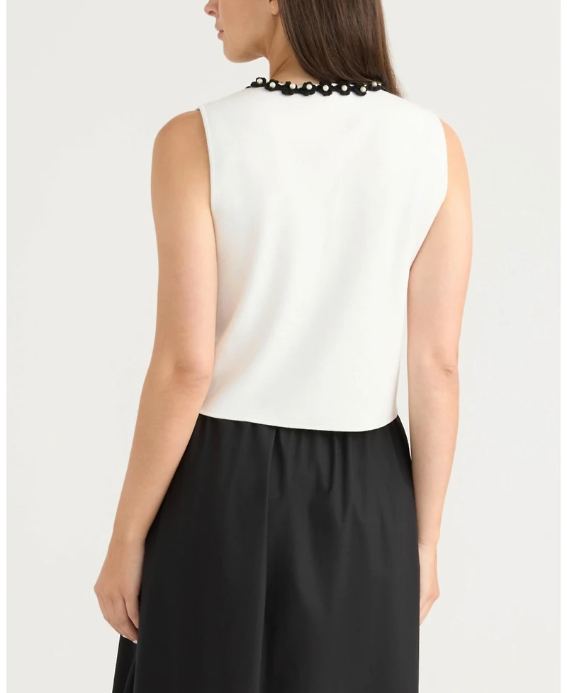 Ellen Tracy Women's Knit Vest with Beaded Crochet Trims