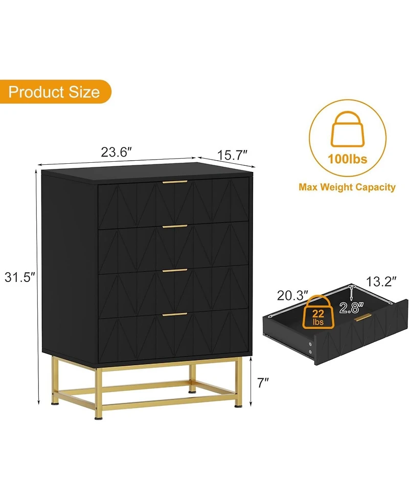 gaomon 4 Drawer Dresser with Wide Storage, Wood Chest Organizer Metal Legs, Modern Dressers & Chests of Drawers