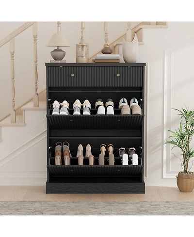 gaomon Fluted Shoe Cabinet with 2 Flip Drawers and 1 Top Drawer Narrow Wooden Cabinet with Adjustable Shelves Freestanding Shoe Organizer