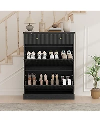 gaomon Fluted Shoe Cabinet with 2 Flip Drawers and 1 Top Drawer Narrow Wooden Cabinet with Adjustable Shelves Freestanding Shoe Organizer
