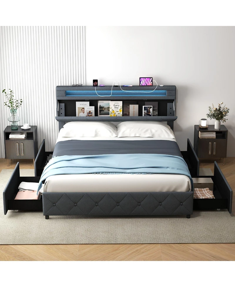 Sugift Queen Size Bed Frame with Adjustable Storage Headboard and Wooden Slat Support